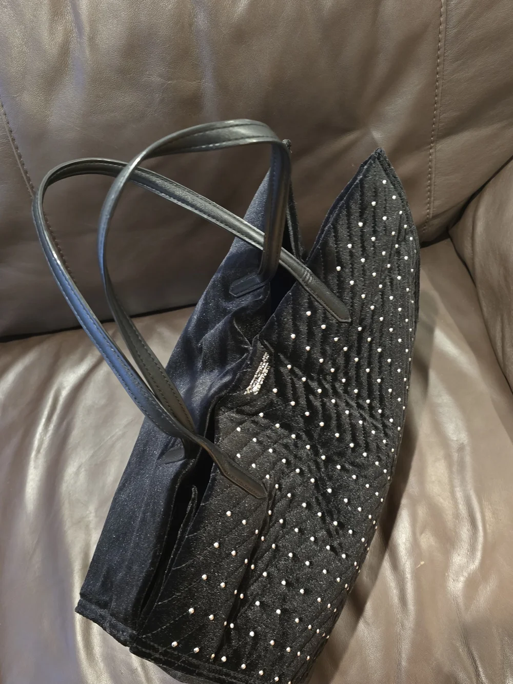 Victoria's Secret Black Quilted Velvet Studded Tote